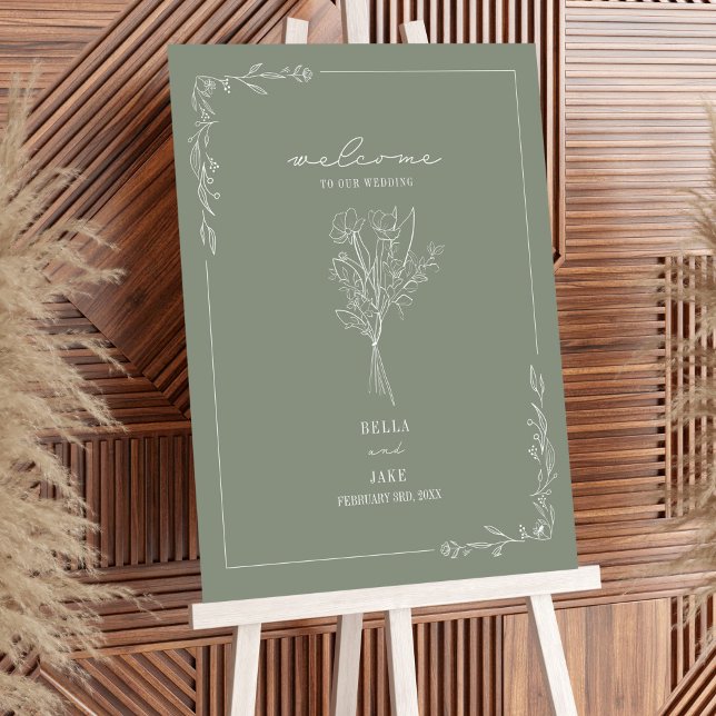 Bouquet Line Art Sage Green Wedding Welcome Foam Board (Creator Uploaded)