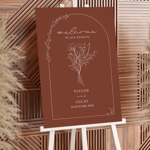 Bouquet Line Art Terracotta Wedding Welcome Poster