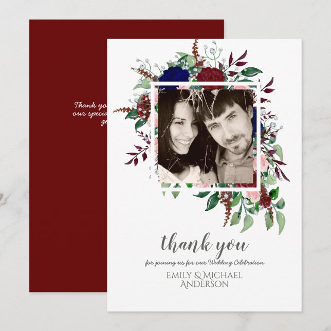 Bouquet Marsala Blue Pink Flowers THANK YOU Invitation (Front/Back)