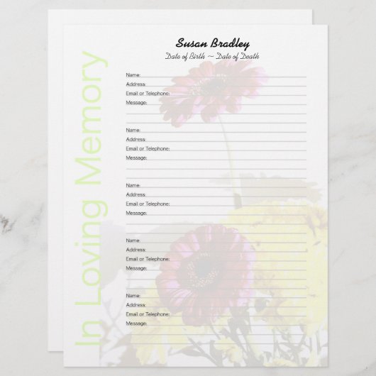 Bouquet - Memorial Guest Book Custom Filler Pages (Front/Back)