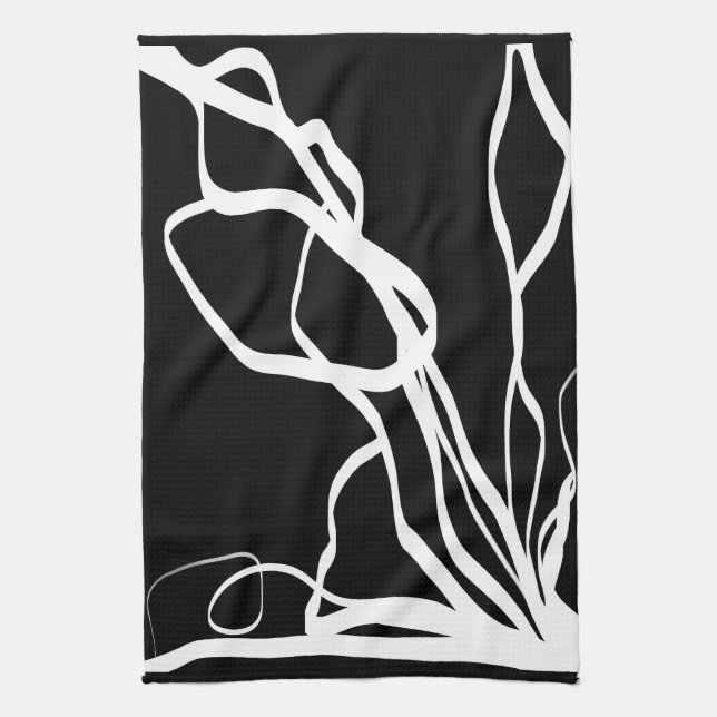 Bouquet Noir: Abstract Black & White Kitchen Towel (Vertical)