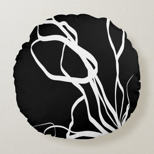 Bouquet Noir: Abstract Black & White Round Pillow (Front)