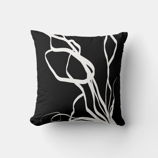 Bouquet Noir: Abstract Black & White Throw Pillow (Front)