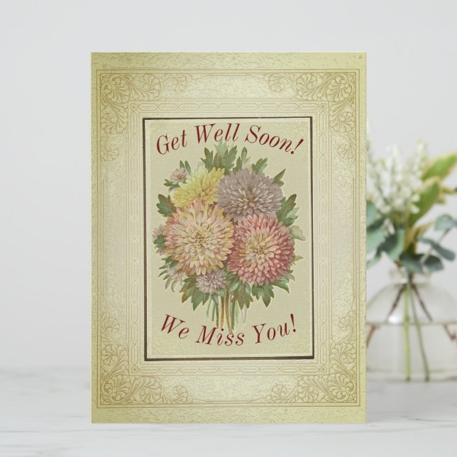 BOUQUET OF ASTERS/ANTIQUE-ISH LOOK/ GET WELL SOON CARD (Standing Front)
