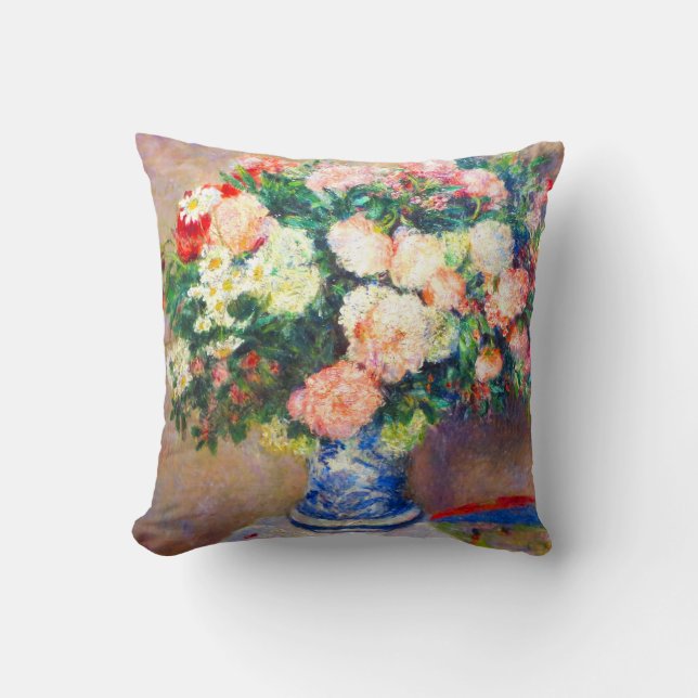 Bouquet of Chrysanthemums and a Japanese Fan Throw Pillow (Front)