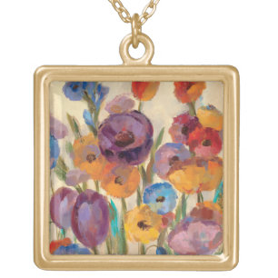 Bouquet of Colorful Flowers Gold Plated Necklace