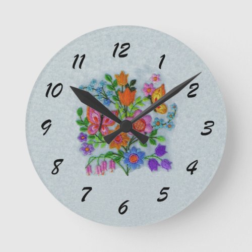 Bouquet of Colorful Spring Flowers Butterflies Round Clock