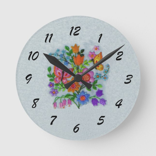 Bouquet of Colorful Spring Flowers Butterflies Round Clock (Front)