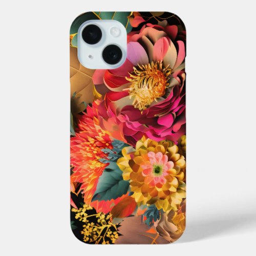 Bouquet of colorful surreal flowers iPhone 15 case