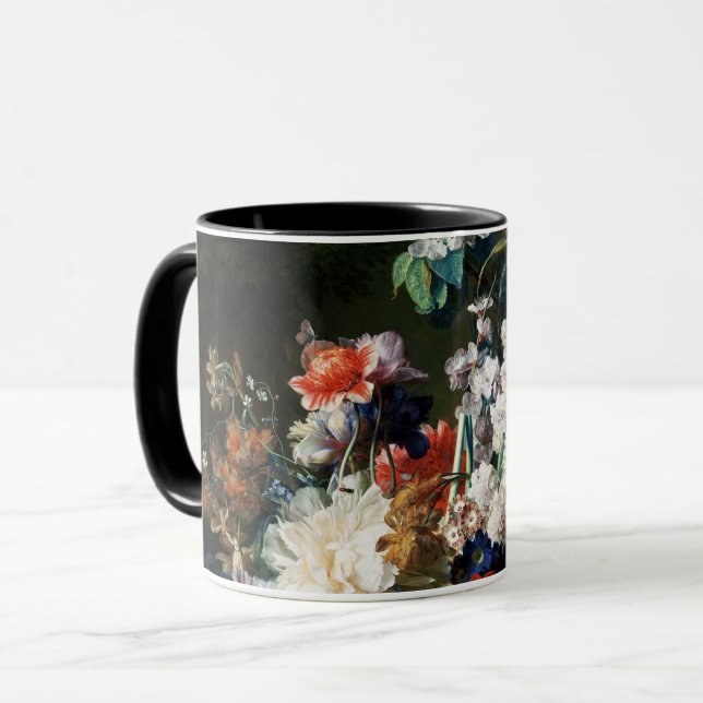 BOUQUET OF FLOWERS IN AN URN IN BLACK MUG (Front Left)