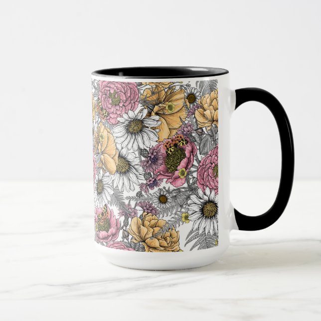 Bouquet of flowers- roses, peonies, daisies ans fe mug (Right)