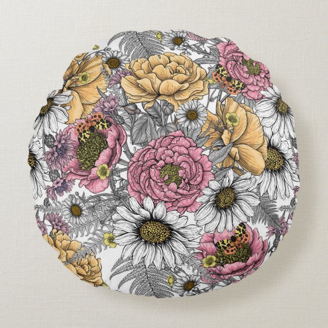 Bouquet of flowers- roses, peonies, daisies ans fe round pillow (Front)