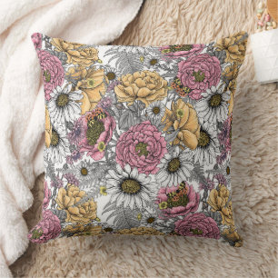 Bouquet of flowers- roses, peonies, daisies ans fe throw pillow