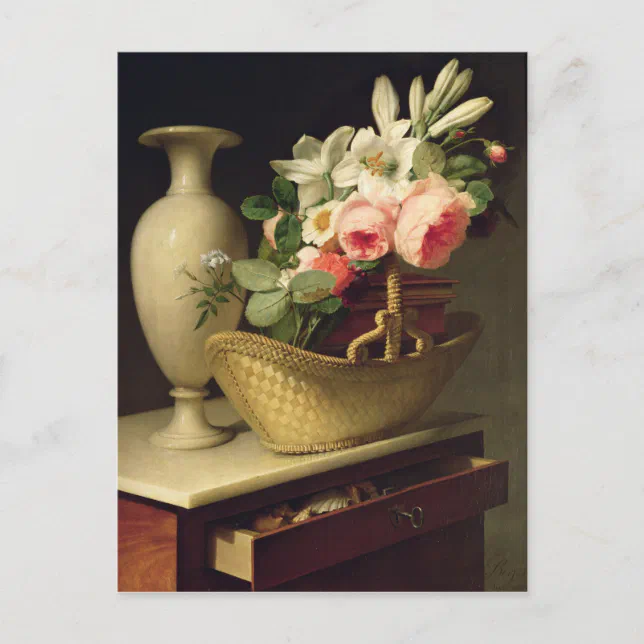 Bouquet of Lilies and Roses in a Basket, 1814 Postcard Zazzle