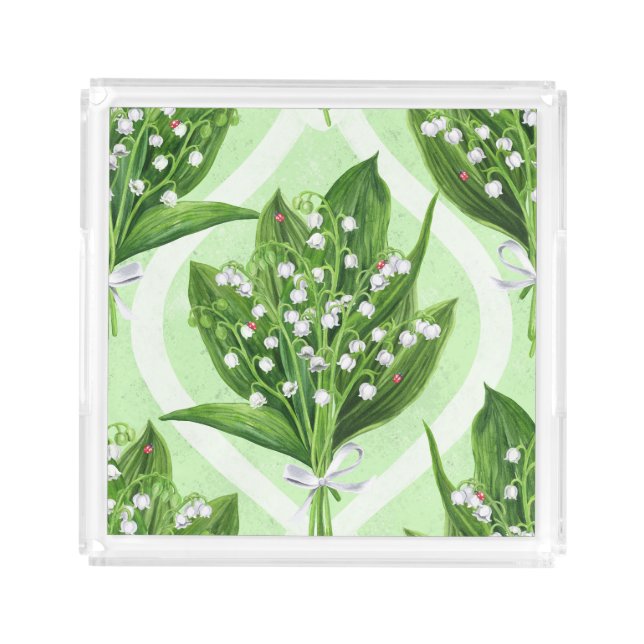 Bouquet of lilly of the valley flowers on green acrylic tray (Front)