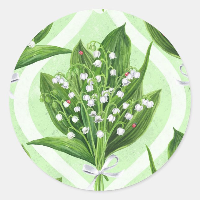 Bouquet of lilly of the valley flowers on green classic round sticker (Front)