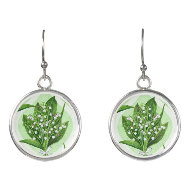Bouquet of lilly of the valley flowers on green earrings (Front)
