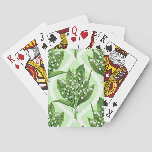 Bouquet of lilly of the valley flowers on green poker cards (Back)