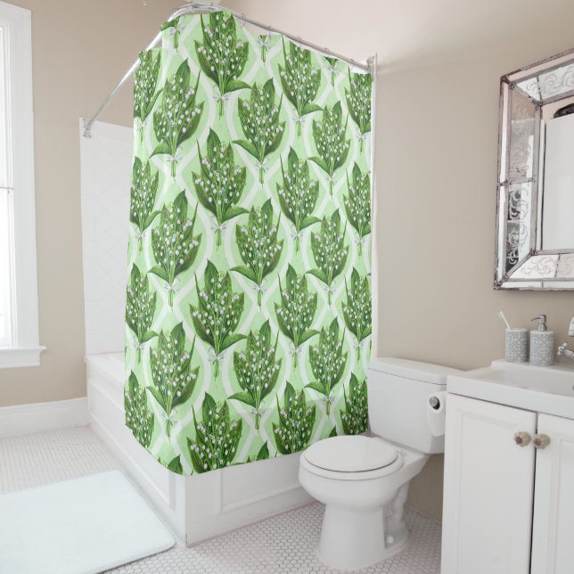 Bouquet of lilly of the valley flowers on green shower curtain (In Situ)