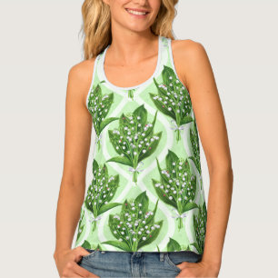 Bouquet of lilly of the valley flowers on green tank top