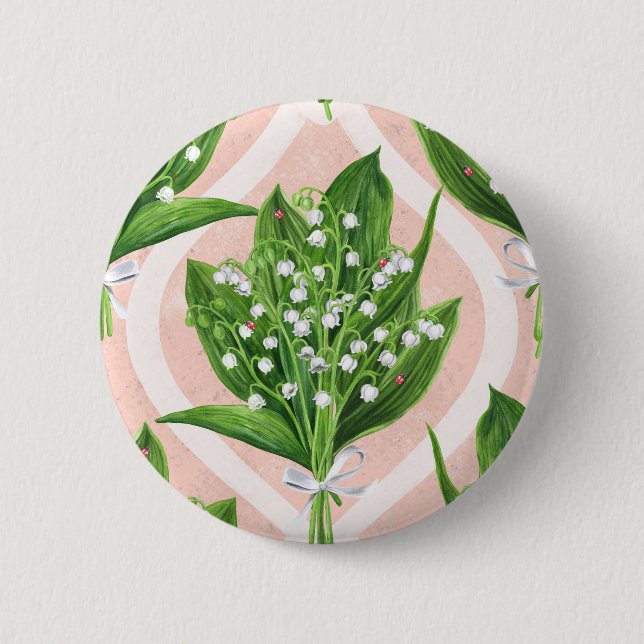 Bouquet of lilly of the valley flowers on pink button (Front)