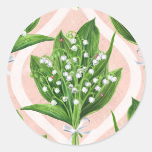 Bouquet of lilly of the valley flowers on pink classic round sticker