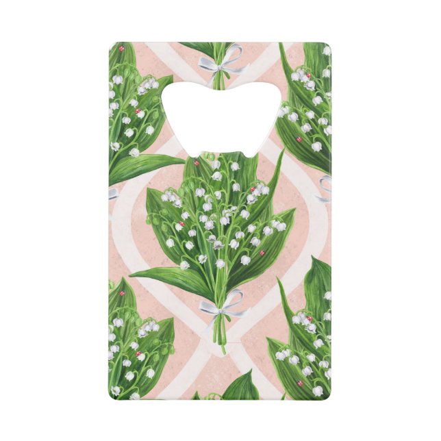 Bouquet of lilly of the valley flowers on pink credit card bottle opener (Front)