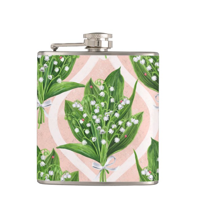 Bouquet of lilly of the valley flowers on pink flask (Front)