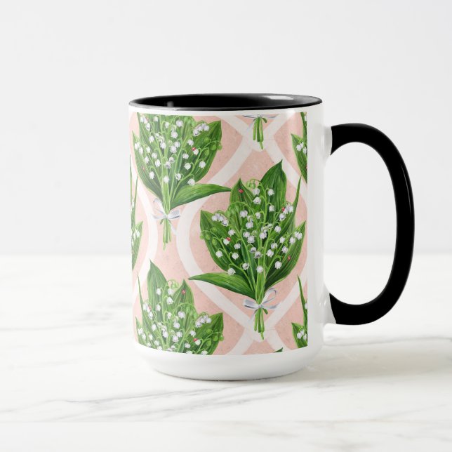 Bouquet of lilly of the valley flowers on pink mug (Right)