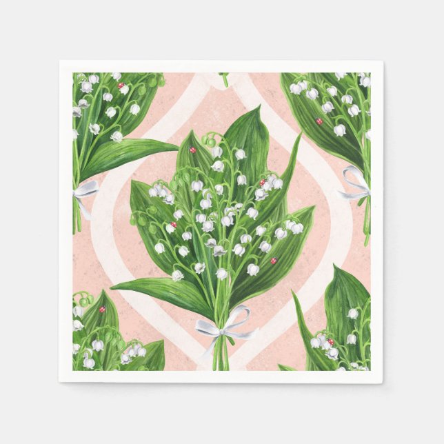 Bouquet of lilly of the valley flowers on pink napkins (Front)