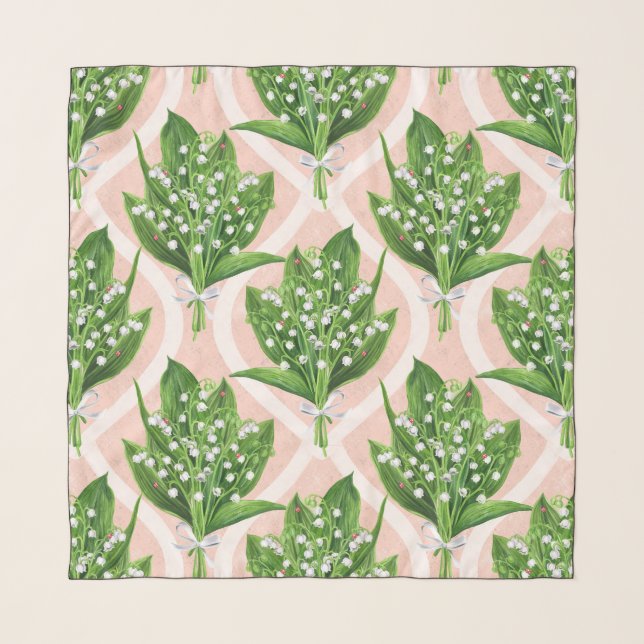 Bouquet of lilly of the valley flowers on pink scarf (Front)
