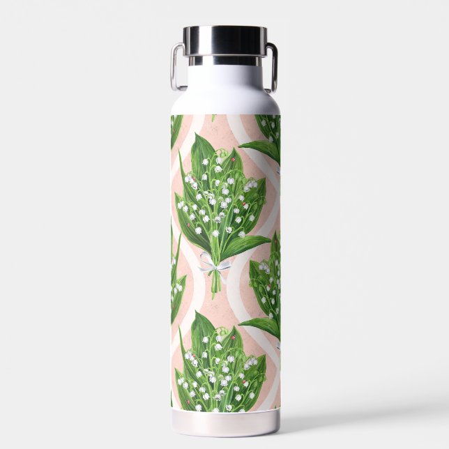 Bouquet of lilly of the valley flowers on pink water bottle (Front)