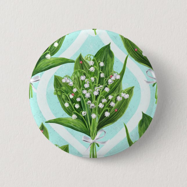 Bouquet of lily of the valley flowers on blue button (Front)