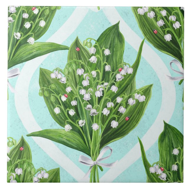 Bouquet of lily of the valley flowers on blue ceramic tile (Front)
