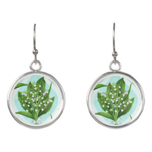 Bouquet of lily of the valley flowers on blue earrings