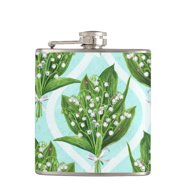 Bouquet of lily of the valley flowers on blue flask (Front)