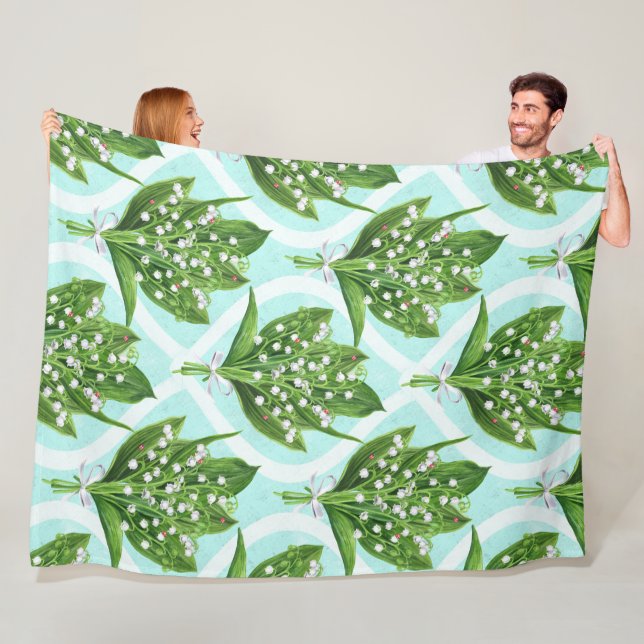 Bouquet of lily of the valley flowers on blue fleece blanket (In Situ)