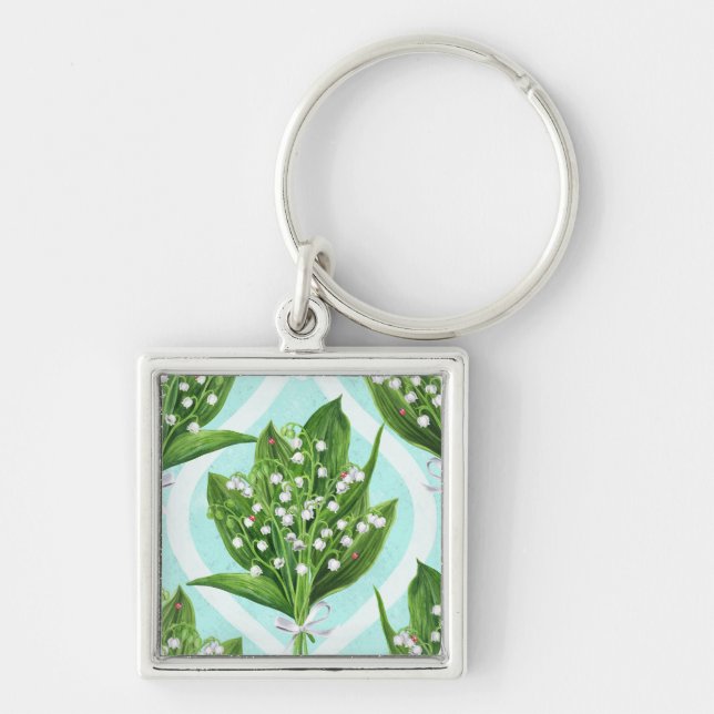 Bouquet of lily of the valley flowers on blue keychain (Front)