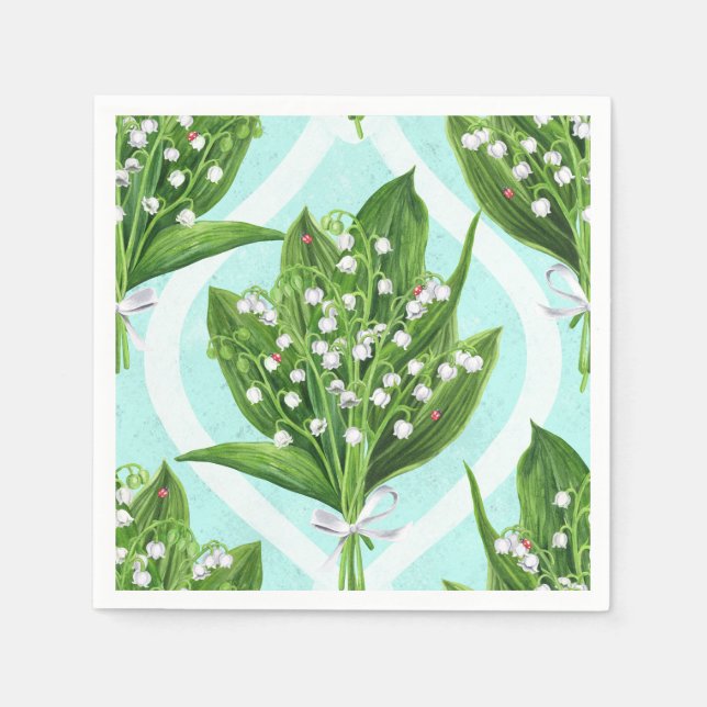 Bouquet of lily of the valley flowers on blue napkins (Front)