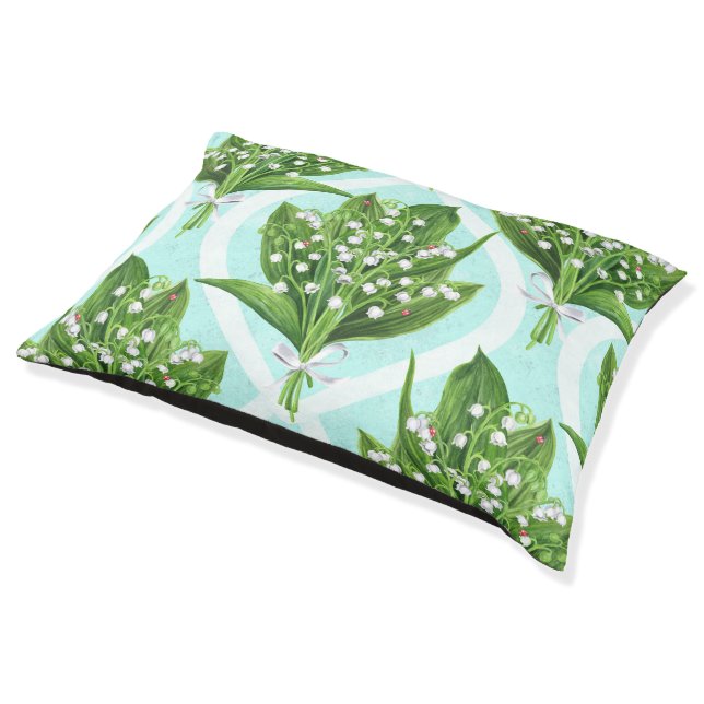 Bouquet of lily of the valley flowers on blue pet bed (Angled)