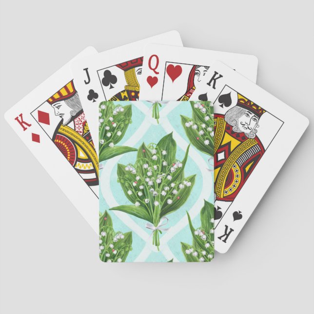 Bouquet of lily of the valley flowers on blue poker cards (Back)