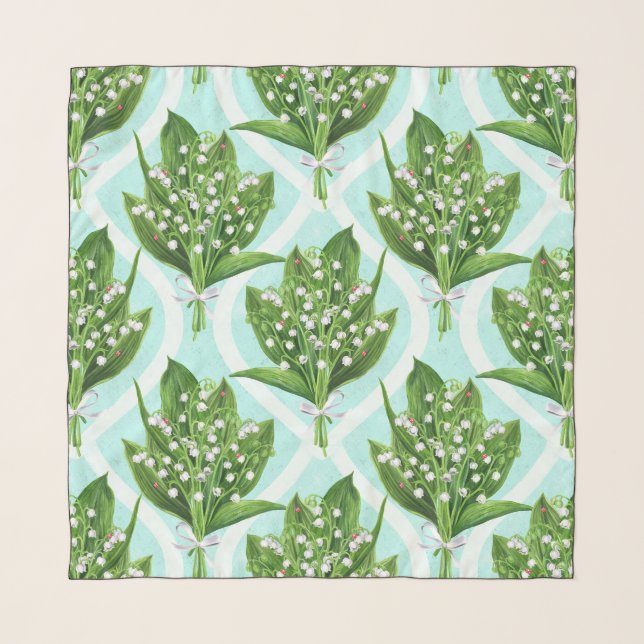 Bouquet of lily of the valley flowers on blue scarf (Front)