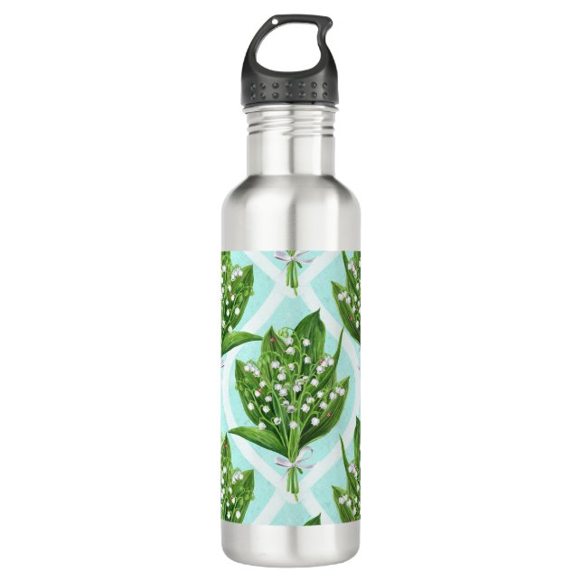 Bouquet of lily of the valley flowers on blue stainless steel water bottle (Front)