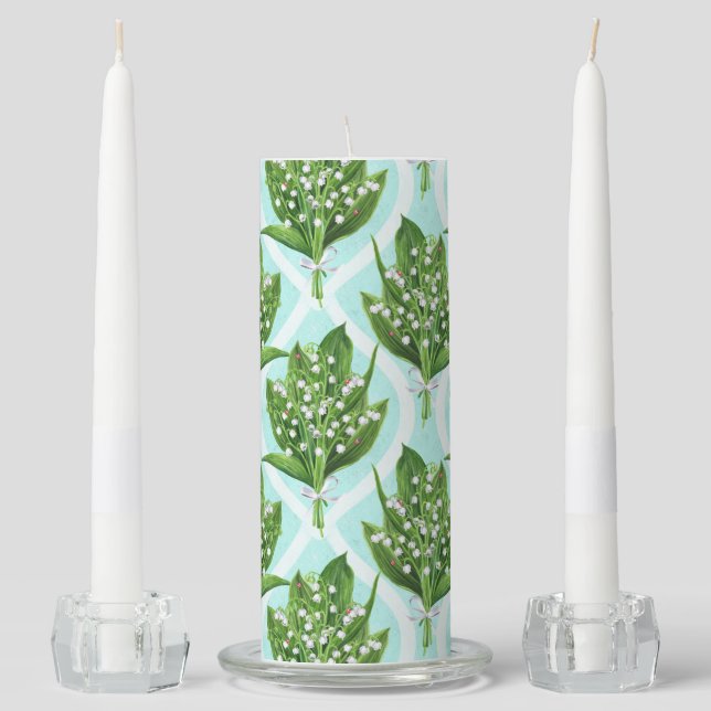 Bouquet of lily of the valley flowers on blue unity candle set (Front)