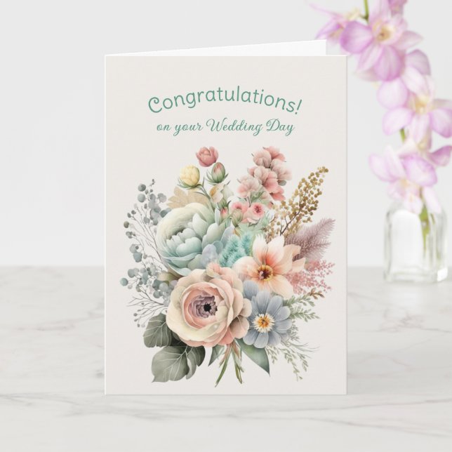 Bouquet of Mixed Flowers Wedding Congratulations Card (Orchid)