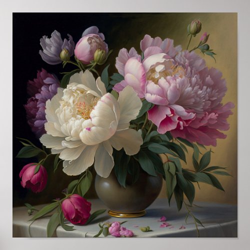 Bouquet Of Peonies In A Vase On Table  Poster