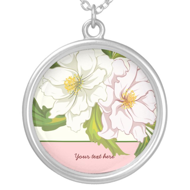 Bouquet of pink and white flowers silver pendant (Front)