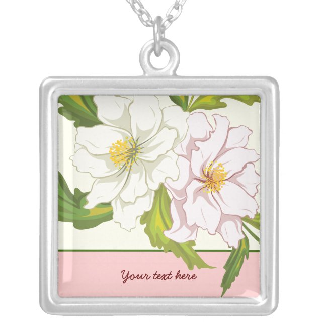 Bouquet of pink and white flowers silver pendant (Front)