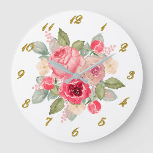 Bouquet of Pink Painted Roses and Gold Numbers Large Clock