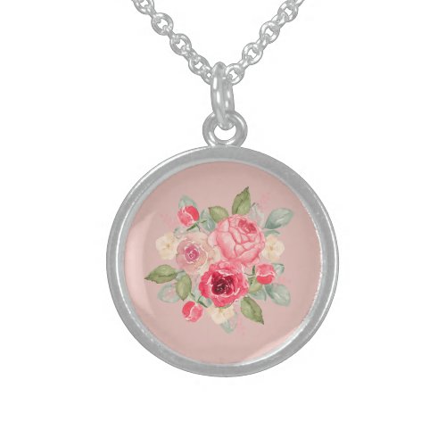 Bouquet of Pink Painted Roses Sterling Silver Necklace